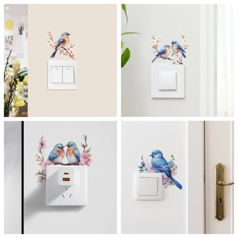 Lighting Decoration On Wall - สติกเกอร์ติดสวิตช์ไฟรูปนกบนกิ่งซากุระ, สติกเกอร์ติดผนัง PVC แบบถอดออกได้, ภาพศิลปะนกดอกไม้สำหรับตกแต่งปลั๊กไฟในบ้าน