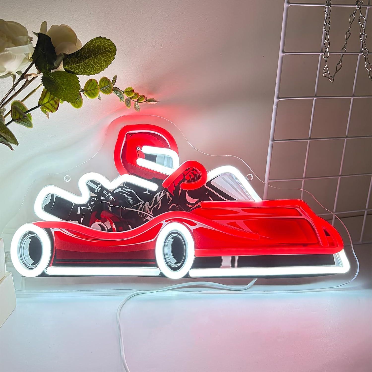 Decor Kart Lighting - ป้ายไฟนีออนรูปนักแข่งโกคาร์ท ไฟ LED ปรับความสว่างได้ผ่านพอร์ต USB สำหรับตกแต่งโรงรถ